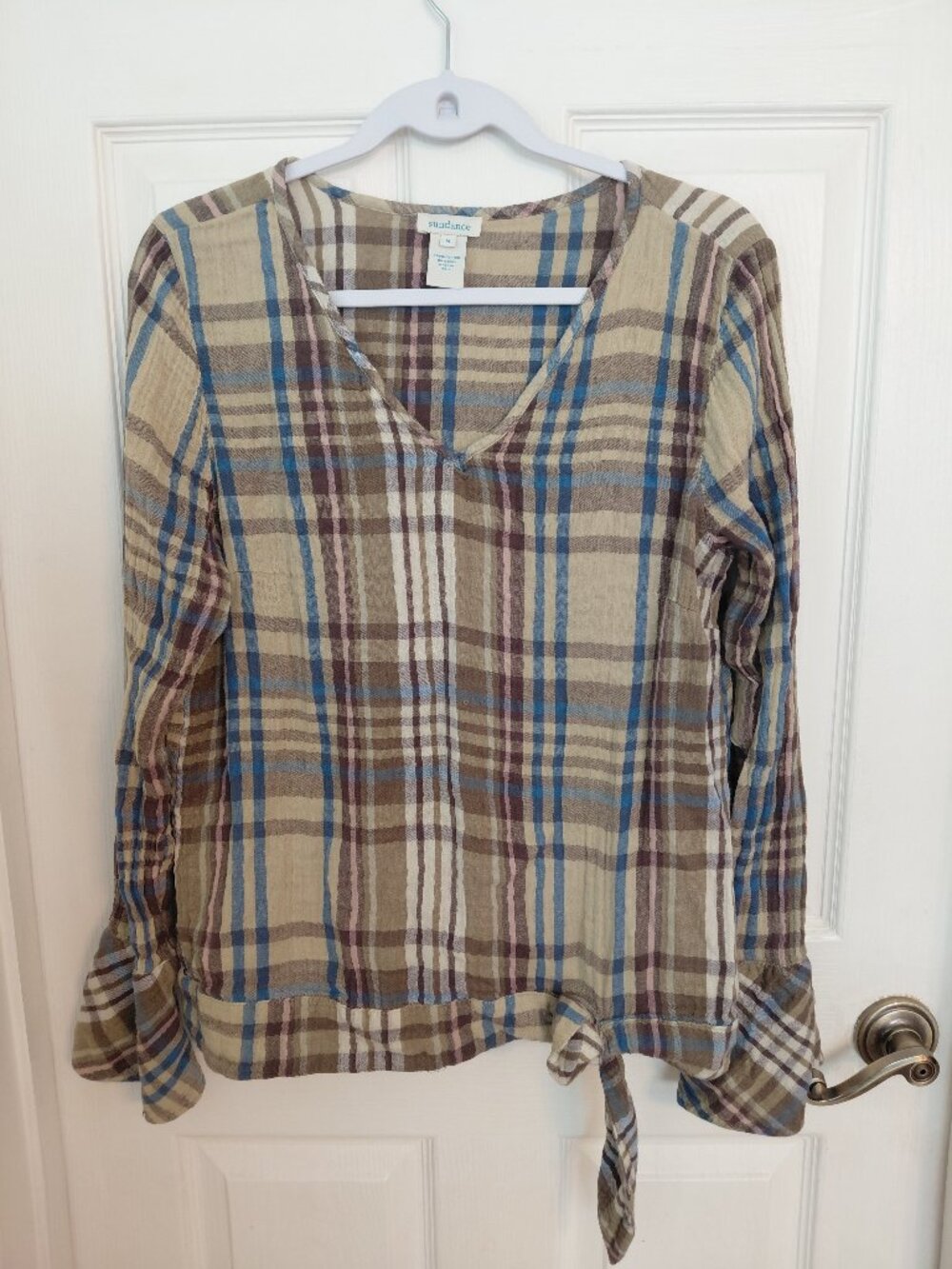 Sundance Flannel Plaid Long Sleeve Blouse Cotton V Neck